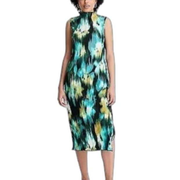 Future Collective Womens Black Watercolor Print Plisse Pleated Midi Dress Sz Xxs
